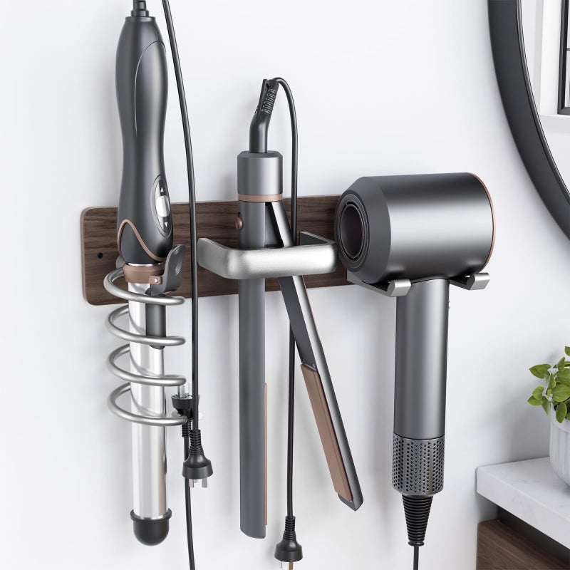 Tindbea Hair Dryer Holder Curling Iron Holder Flat Iron Blow Dryer Holder Wall Mount 3 in 1 Bathroom Hair Tool Organizer Rack for Universal Dryer Walnut Wood Silver Color Metal